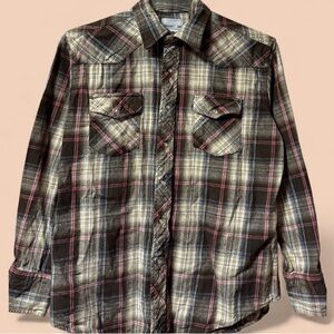 Wrangler ~ Men’s ~ Shirt ~ Large ~ Western ~ Snaps ~ Plaid ~ Brown ~ Long Sleeve